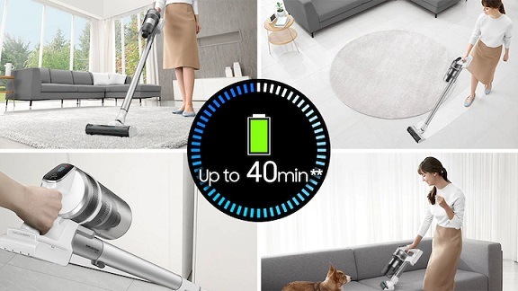 Tyčový vysavač Samsung Jet 70 Easy VS15T7033R4/GE Koláž čtyř obrázků znázorňujících použití vysavače Samsung Jet 70 Easy VS15T7033R4/GE, uprostřed je před obrázky kolečko znázorňující výdrž baterie až 40 min