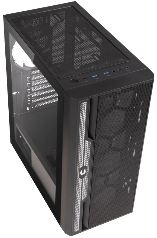 Case BitFenix Apollo černá Pohled z levé horní strany přes průhlednou bočnici. Je vidět i část zadní stěny.