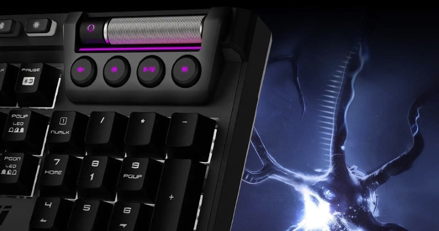 Klávesnice MSI Strike Pro Wireless Silent, CZ layout černá Detail panelu s kroužkem a mediálními tlačítky na herní klávesnici MSI Strike Pro Wireless Silent