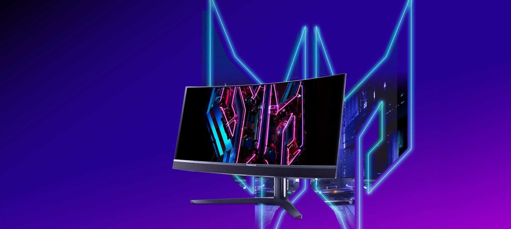 Herní monitor Acer Predator X34X5bmiiphuzx černý Zakřivený herní monitor s futuristickým neonovým displejem s růžovými a modrými čarami na zářivém fialovém pozadí, který navozuje dojem hi-tech technologie.