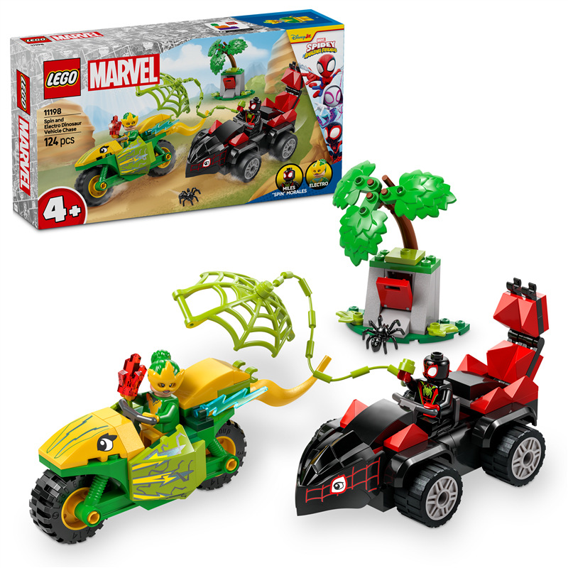 Stavebnice LEGO® Marvel Spidey a jeho úžasní přátelé 11198 Spin, Electro a honička s dinosauřím vozidlem