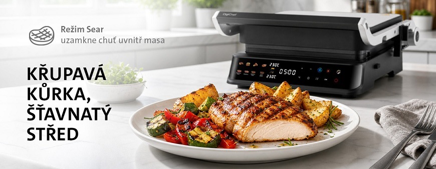 Kontaktní elektrický gril ETA GrilChef Domácí kontaktní gril ETA GrilChef se zobrazením režimu Sear a připraveným jídlem: grilovaná krůtí prsa a pečená zelenina na talíři.