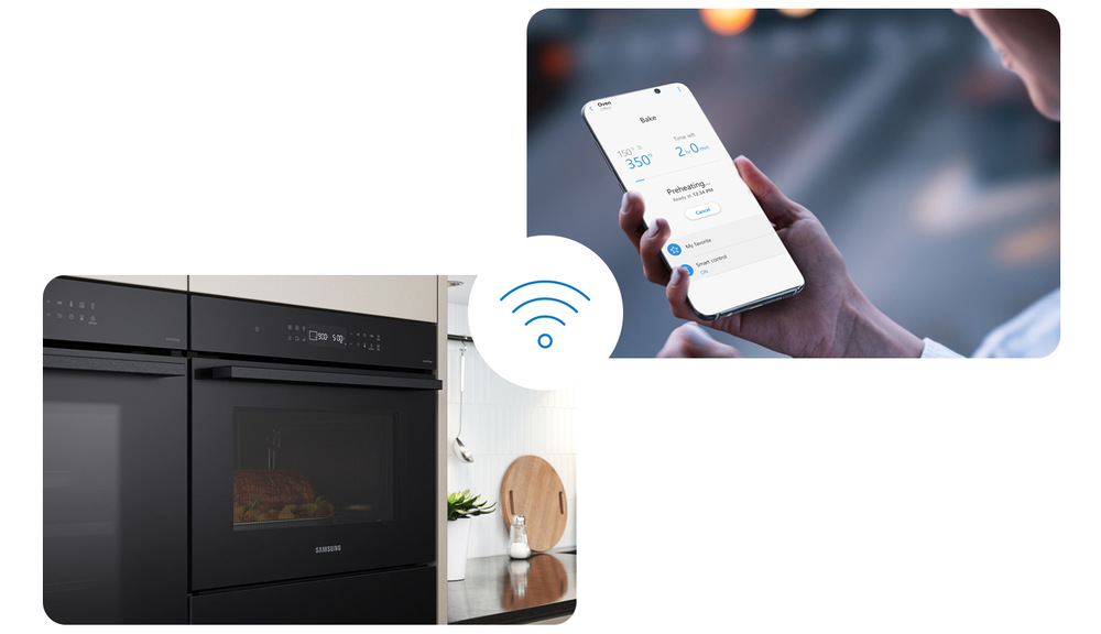Ovládání trouby pomocí aplikace SmartThings - trouba a ruka držící mobilní telefon