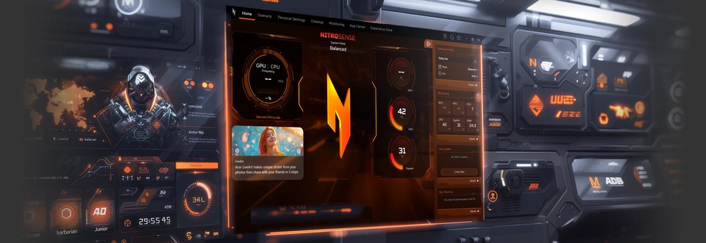 Futuristický přístrojový panel se zářivě oranžovým a černým rozhraním, na kterém jsou zobrazeny digitální měřicí přístroje, mapa světa a technické symboly.