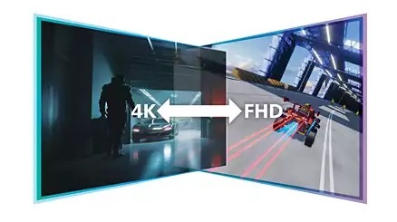 Herní monitor Philips Evnia 27M2N3800A černý Záběr zobrazující vlevo tmavou scénu ve 4K, vpravo auto a jasně osvětlenou závodní hru ve 4K. Šipky označují srovnání.