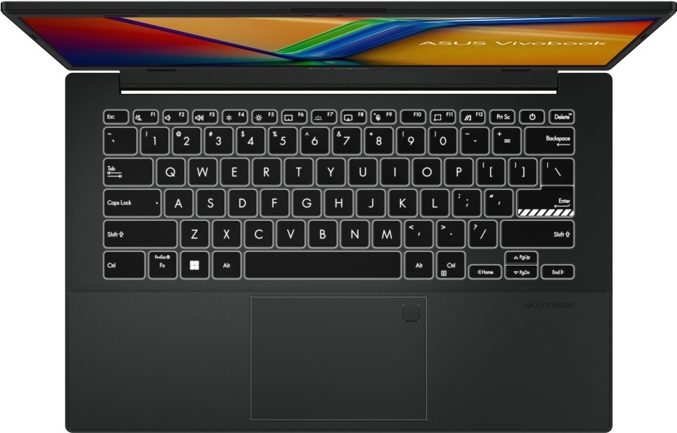Pohled shora na klávesnici, touchpad a čtečku otisku prstů notebooku ASUS Vivobook Go 14