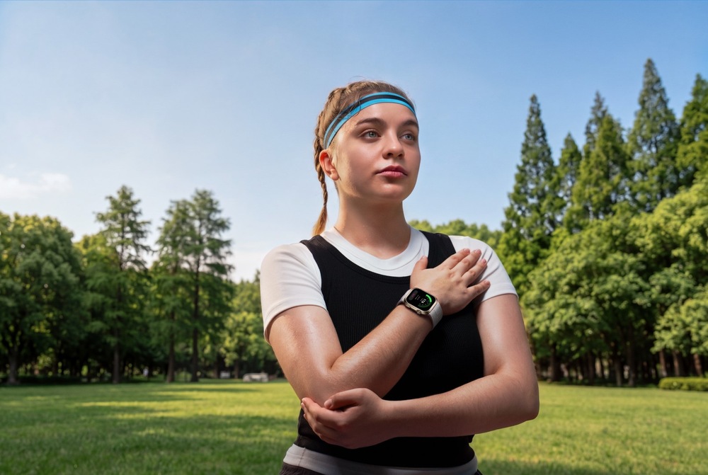 Chytré hodinky Huawei Watch D3 zlaté Sportovkyně stojí v parku a během měření krevního tlaku přidržuje paži s chytrými hodinkami na hrudi