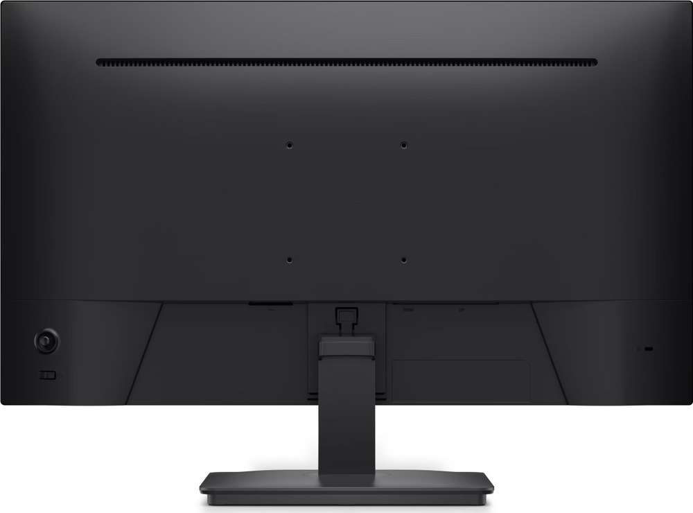 Monitor Dell SE2726D černý Zadní strana monitoru Dell s centrálním stojanem, větracím otvorem, VESA uchycením a konektory ve spodní části.