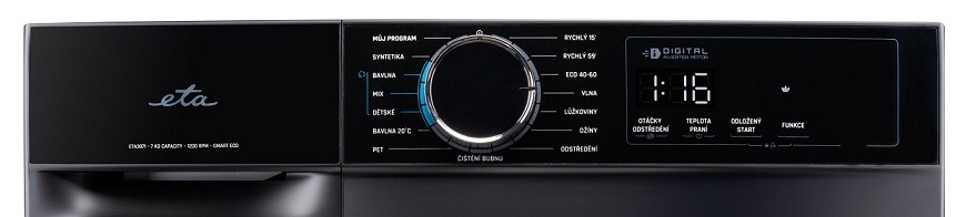 Pračka ETA 387190020A černá Detail na panel pračky ETA 387190020A zobrazující prací programy a displej se zbývajícím časem praní