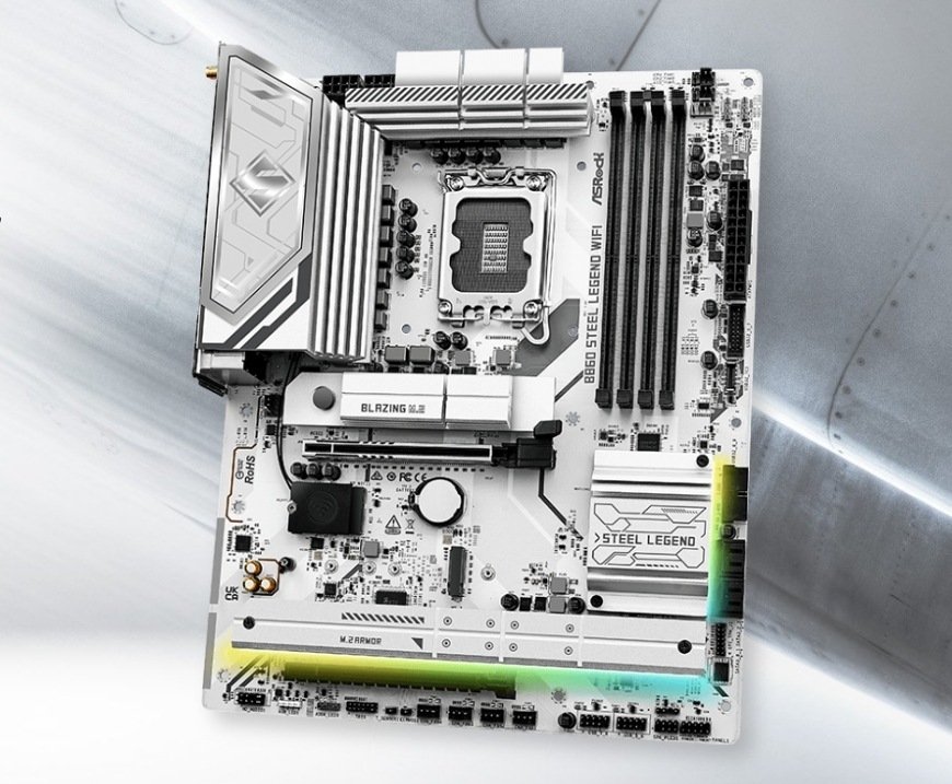 Základní deska ASRock B860 Steel Legend WiFi Základní deska ASRock B860 Steel Legend WiFi prezentovaná v herním stylu s důrazem na chlazení a moderní design