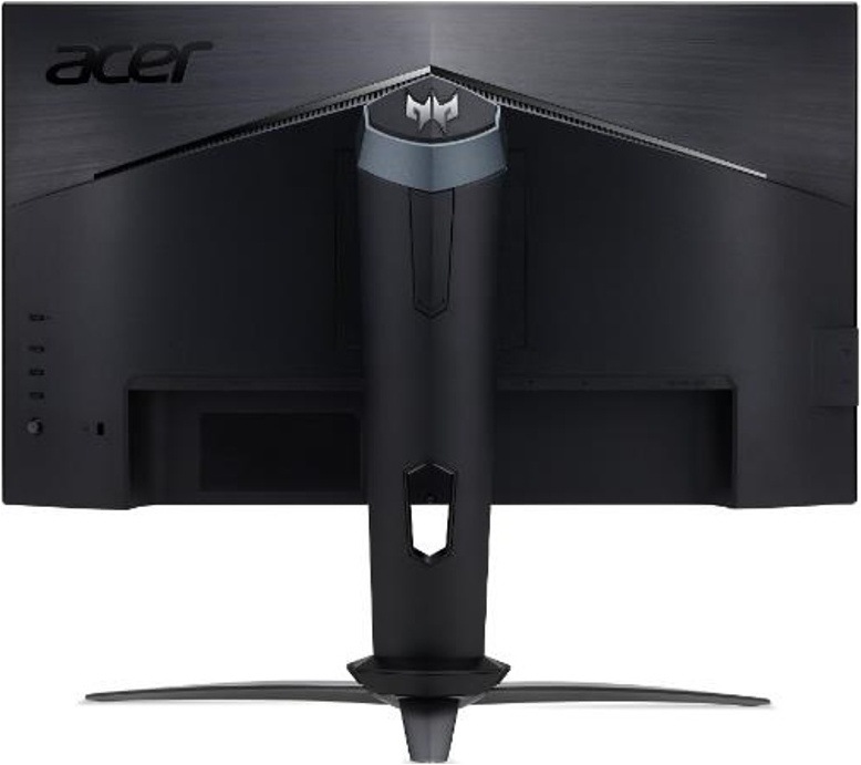 Zadní strana černého monitoru Acer se středovým stojanem. V horní části zadního krytu je logo Acer, uprostřed stojanu znak Predator a vlevo se nachází svislá řada ovládacích prvků a konektorů