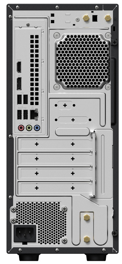 Stolní počítač Asus ExpertCenter P500 Mini Tower šedý Pohled na zadní stranu PC. Jsou zde porty – 1× RJ45 Gigabit Ethernet, 1× HDMI 1.4, 1× Displayport 1.4, 3× audio jack, 4× USB 2.0 typ A, 1× Kensington lock, 1× napájecí konektor.