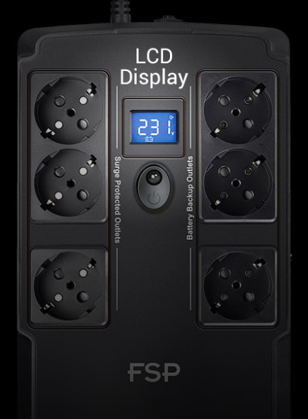 Záložní zdroj FSP NanoFit 800, 800VA/480W, 2xUSB power, LCD, RJ45, offline černý FSP NanoFit 800 nabízí šest zásuvek Schuko