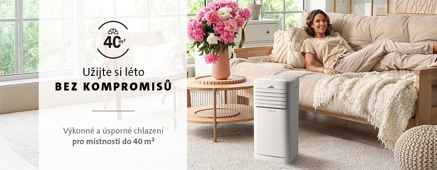 Mobilní klimatizace ETA Smart 3578 90000 2,6 kW bílá Mobilní klimatizace ETA Smart v moderním obývacím pokoji s odpočívající ženou a textem „Užijte si léto bez kompromisů – výkonné a úsporné chlazení pro místnosti do 40 m2