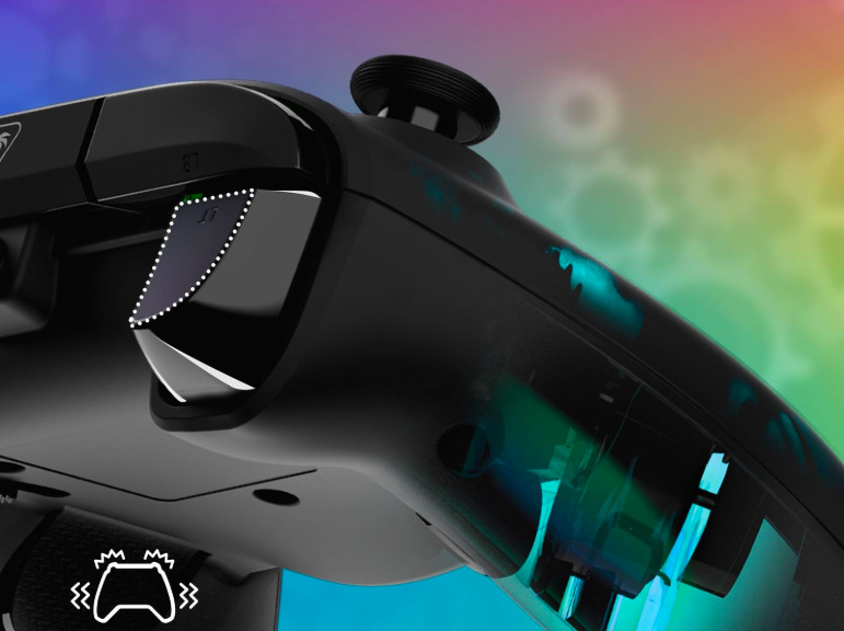 Detail impulzní spouště gamepadu Turtle Beach Afterglow Ignite s vibrační odezvou
