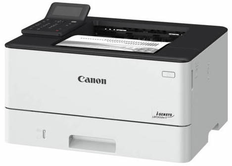 Tiskárna laserová Canon i-SENSYS LBP243dw II bílá Pohled zepředu na tiskárnu Canon i-SENSYS LBP243dw II s ovládacím panelem a výstupem papíru