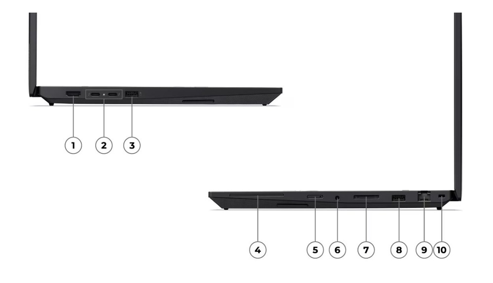 Obrázek zobrazuje dva pohledy z boku na notebook s označenými porty. Na levé straně jsou tři porty: nabíjecí port, dva USB-C a port USB-A. Na pravé straně je sedm portů: slot, další port USB-C, audio konektor, port USB-A, port HDMI, port Ethernet a slot pro zámek. Pozadí je bílé, což zdůrazňuje elegantní černý design notebooku.