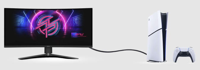 Herní monitor MSI MPG 346CQRF X24 připojený k herní konzoli PlayStation 5