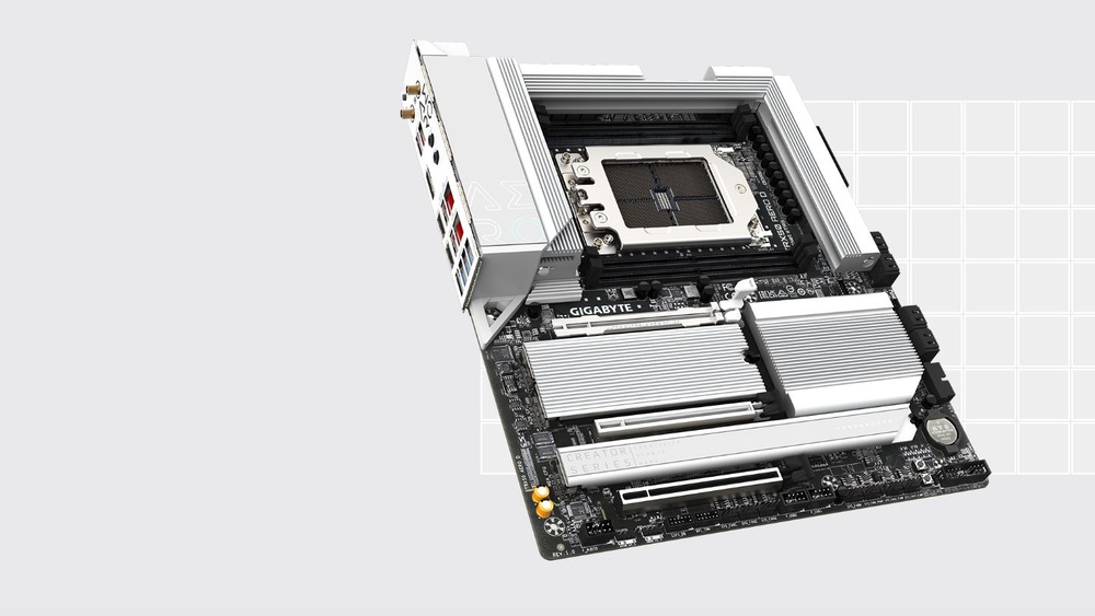 Základní deska GIGABYTE TRX50 AERO D Obrázek ukazuje základní desku počítače s růžově osvětleným štítkem DDR5-9200+ MT/s na slotu RAM, který označuje vysokorychlostní paměťovou kapacitu.
