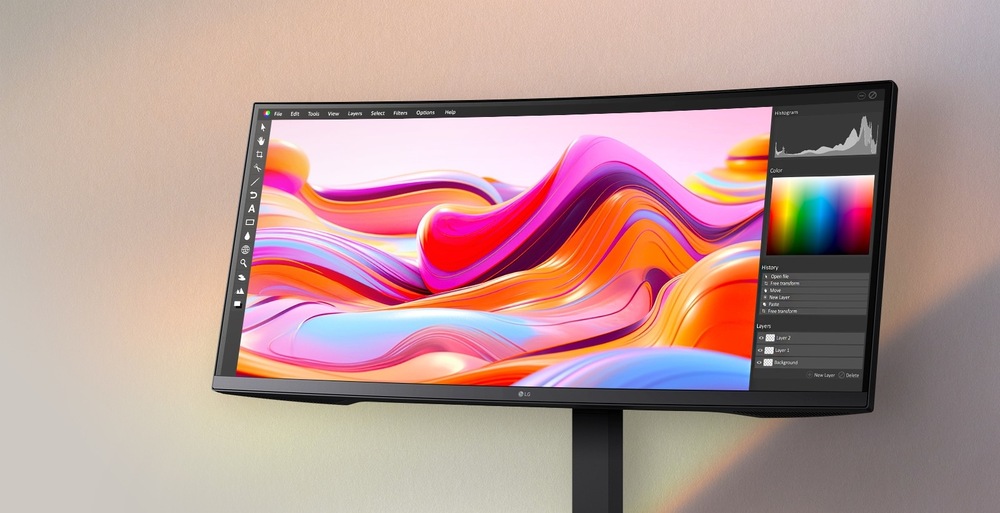 Širokoúhlý monitor zobrazující zářivou digitální grafiku s plynulými, vícebarevnými vlnami. Editační software a nástroje pro práci s barvami jsou viditelné na elegantní obrazovce.