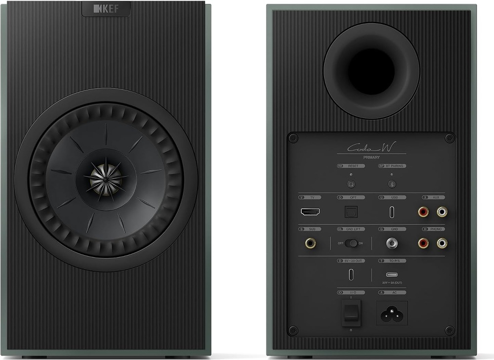 Reproduktory KEF Coda W (2 ks) zelené Aktivní reproduktor KEF Coda W zepředu a zezadu s přehledem konektorů včetně HDMI, USB-C, optického vstupu, RCA a výstupu pro subwoofer
