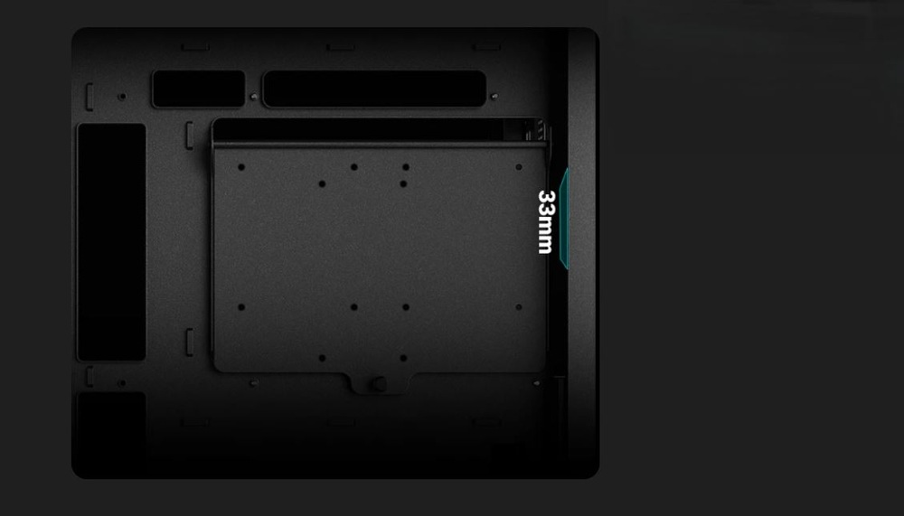 Case DeepCool CG580 černá Vnitřní pohled na skříň počítače s prostorným uspořádáním. Označený prostor označuje 33 mm volného místa pro vedení kabelů. Čistý, minimalistický design.