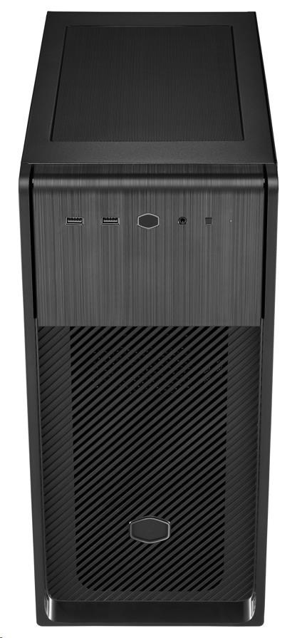  Černá počítačová skříň s elegantním kartáčovaným povrchem. Přední panel má dva USB porty, audio jack a tlačítko napájení. Stylový diagonální ventilační vzor dole.