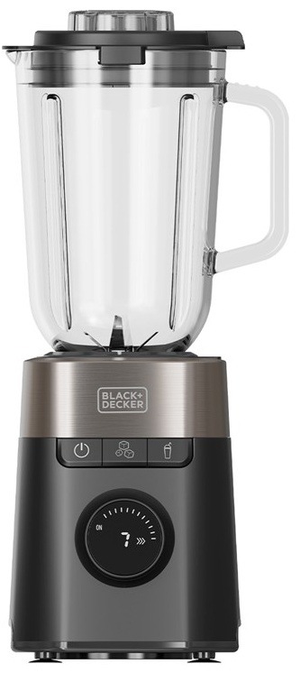 Stolní mixér Black+Decker se skleněnou nádobou a otočným voličem rychlosti.