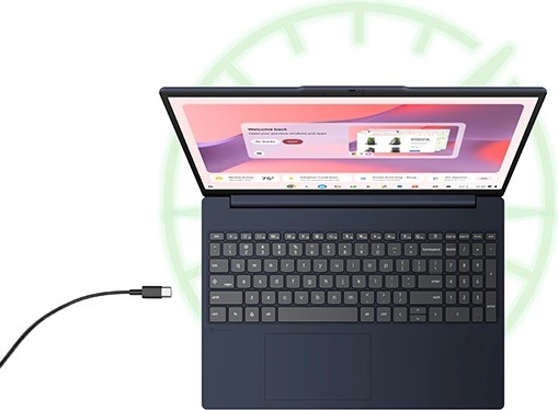 Notebook Lenovo Chromebook zobrazený shora s otevřeným displejem, klávesnicí a nabíjecím kabelem