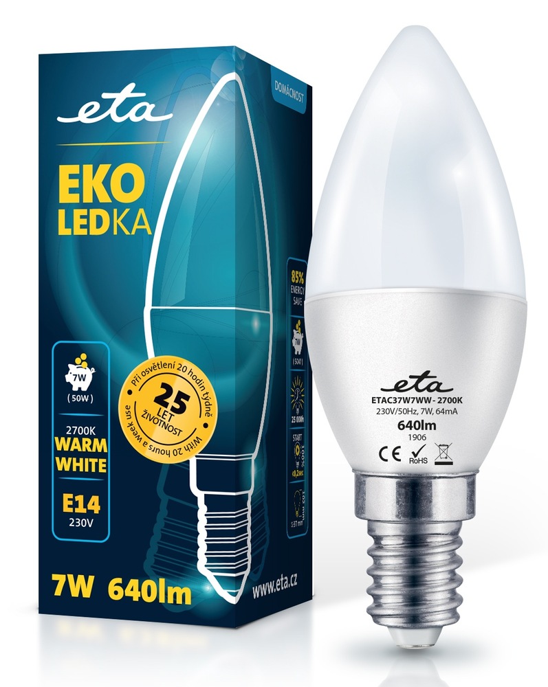 LED žárovka ETA EKO LEDka, 7W (náhrada za 40W), 640 lm, teplá bílá 2700K, patice E14, včetně maloobchodního balení na světle modrém pozadí.
