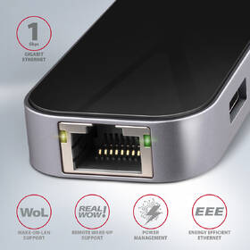 USB Hub Axagon USB 3.2 Gen 1 hub, 3x USB-A, HDMI 4k/60Hz, RJ-45 GLAN, PD 100W, kabel USB-C 20cm šedý

 obrázek produktu 2 z 7