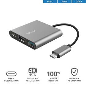 USB Hub Trust Dalyx 3v1 USB-C/USB, HDMI, USB-C PD 100W šedá barva
