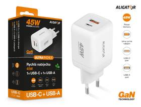 Nabíječka do sítě Aligator Power Delivery 45W, 1×USB-A + 1×USB-C bílá

 obrázek produktu 3 z 4