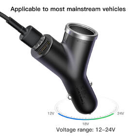 Adaptér do auta Baseus Y-type 2x USB + zapalovač, 3.4A černá barva
