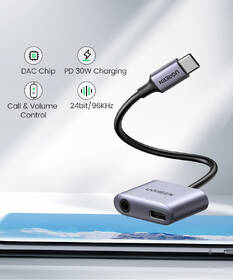 Redukce UGREEN USB-C/USB-C PD + 3.5mm Jack šedá barva
