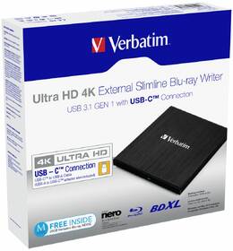 Externí Blu-ray vypalovačka Verbatim Slimline Ultra HD 4K USB-C černá barva
