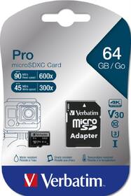 Paměťová karta Verbatim microSDXC 64GB UHS-I V30 U3 (90R/45W) + adaptér 

 obrázek produktu 2 z 2
