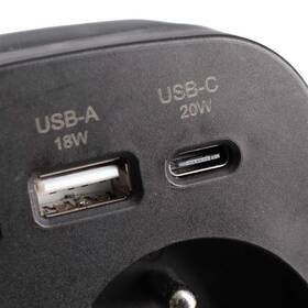 Rozbočovací zásuvka Solight 2x16A, USB A+C rychlonabíječka 20W, vypínač černá

 obrázek produktu 4 z 5