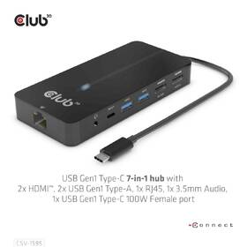 USB Hub Club3D USB-C/2x HDMI, 2x USB-A, 1x RJ45, 1x 3.5mm audio, 1x USB-C,100 W 

 obrázek produktu 5 z 7