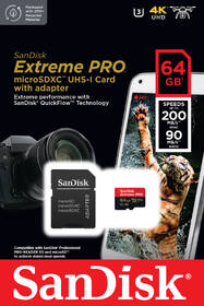 Paměťová karta SanDisk 64GB UHS-I U3 (200R/90W) + adaptér 
