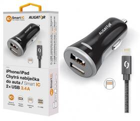Adaptér do auta Aligator 2xUSB, smart IC, 3,4A + Lightning kabel černá barva
