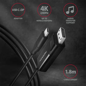 Kabel Axagon USB-C / DisplayPort, 1,8m, 4K/60Hz černá barva

