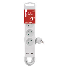Kabel prodlužovací EMOS 3x zásuvka, 1×USB-A + 1×USB-C vypínač, 2m bílá barva

