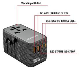 Cestovní adaptér Verbatim UTA-06 GaN III, 2x USB-C PD 100W & QC 4+, 2x USB-A QC 3.0 černý

 obrázek produktu 9 z 11