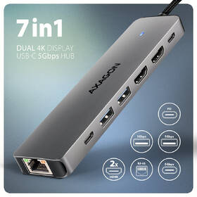 Dokovací stanice Axagon HMC-7HX2, USB 5Gbps, 2x USB-A, USB-C, 2x HDMI 4k/60Hz, RJ-45 GLAN, PD 100W, kabel USB-C 15cm šedá

 obrázek produktu 1 z 6