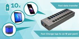 USB Hub i-tec 10x USB 3.0, 48W stříbrná barva
