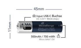 Baterie nabíjecí MediaRange MRBAT160, USB-C Li-Ion baterie Micro AAA, 1,5V, 500 mAh (4 ks) stříbrná/modrá

 obrázek produktu 2 z 4