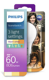 Žárovka LED Philips SceneSwitch, klasik, 2 - 5 - 8,5 W, E27, teplá bílá 

 obrázek produktu 1 z 1