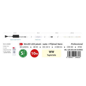 LED pásek McLED s ovládáním Nano - sada 10 m - Professional, 60 LED/m, WW, 400 lm/m, vodič 3 m 
