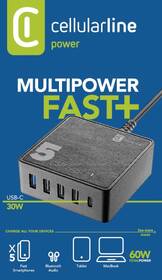 Nabíječka do sítě CellularLine Multipower 5 Fast+ , 4xUSB, 1xUSB-C, 60W černá

 obrázek produktu 3 z 3